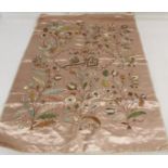 19th or early 20th century Persian embroidered silk panel, the pale pink ground with central panel
