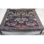 Oriental woven brocade panel depicting a landscape with figures, village, pagodas and mountains,