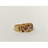 18ct gold ring with two rubies, diamonds and pearls, 3.3g. Size 'L'.