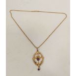 Gold oval pendant of Art Nouveau style with amethyst on gold Prince of Wales necklet '9ct', 3.9g.