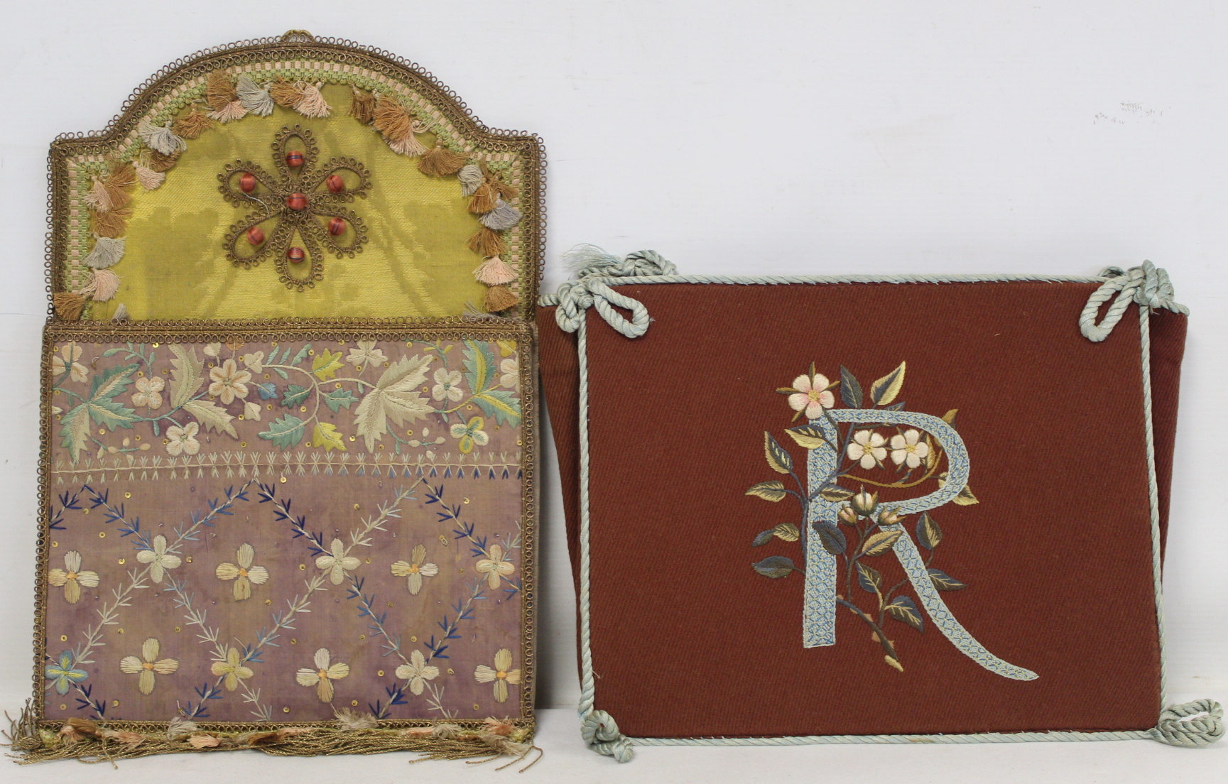 Georgian silk and damask wall pocket of rectangular form with arched top, floral and foliate