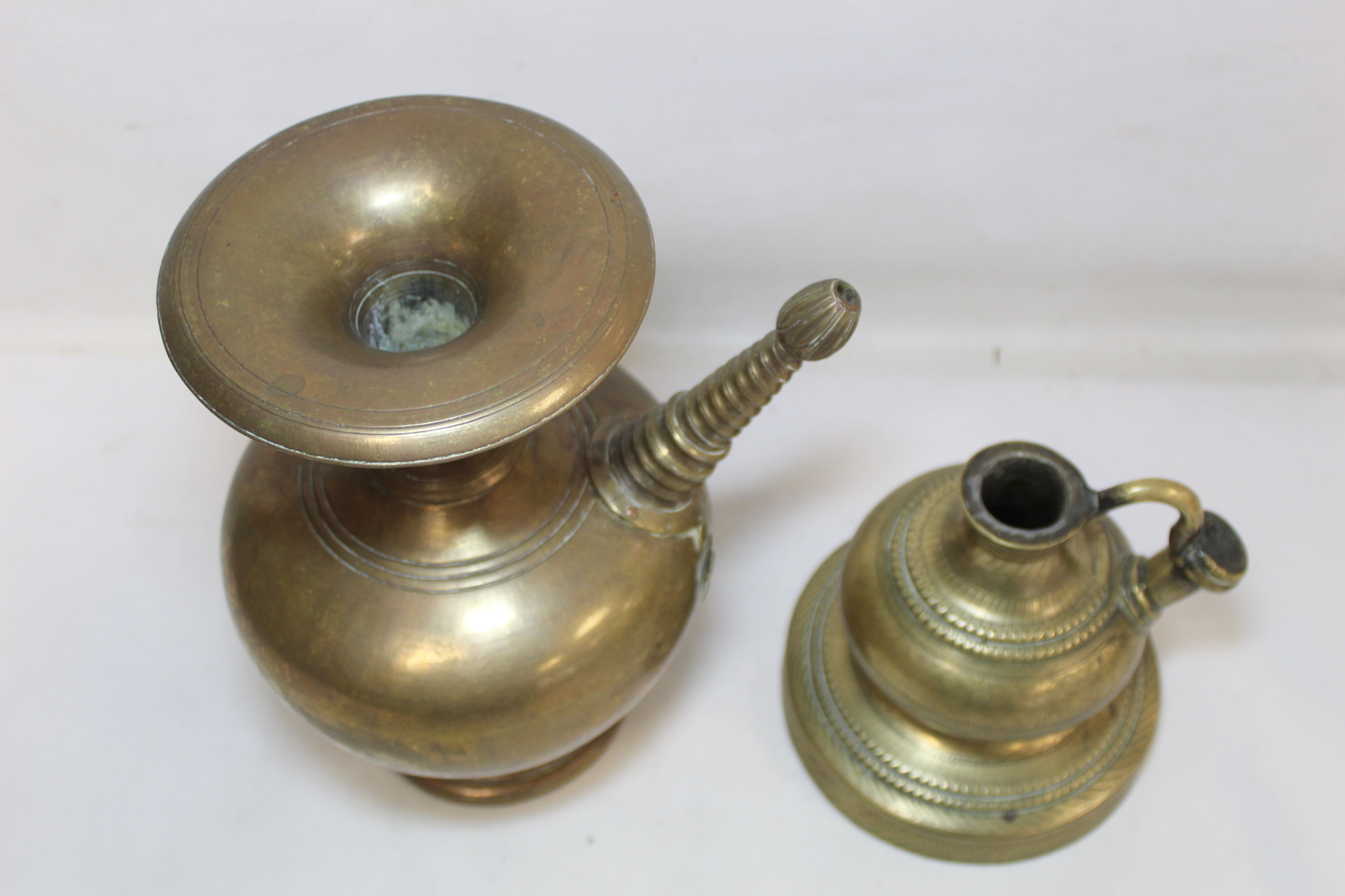 Two Eastern brass hookah bases, one of baluster form with flared rim, twisted conical spout with bud - Image 5 of 6