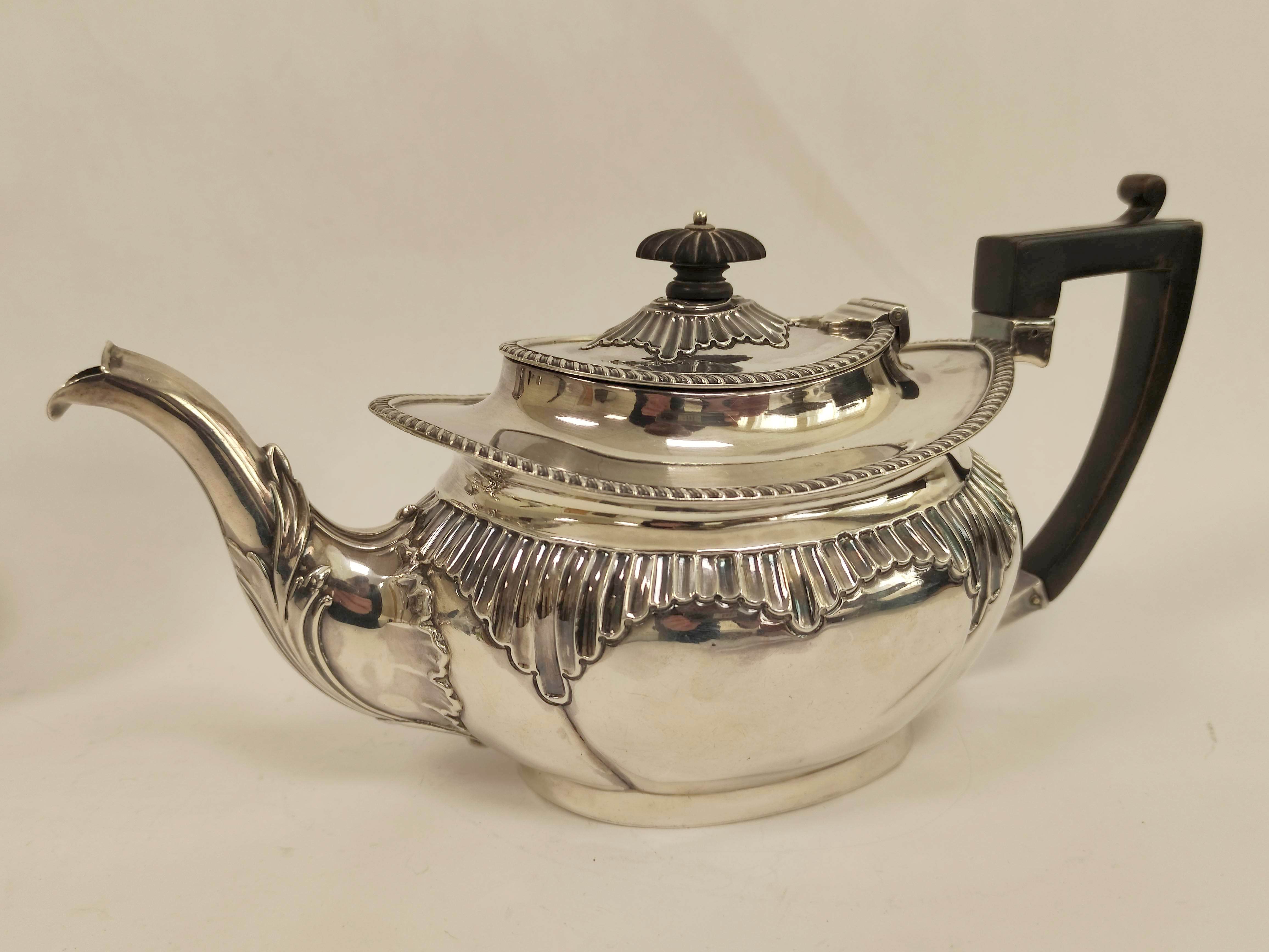 Silver four-piece tea set, oval part fluted, inscribed 'Half Morton 1902', Sheffield 1901. 1464g/ - Image 4 of 9