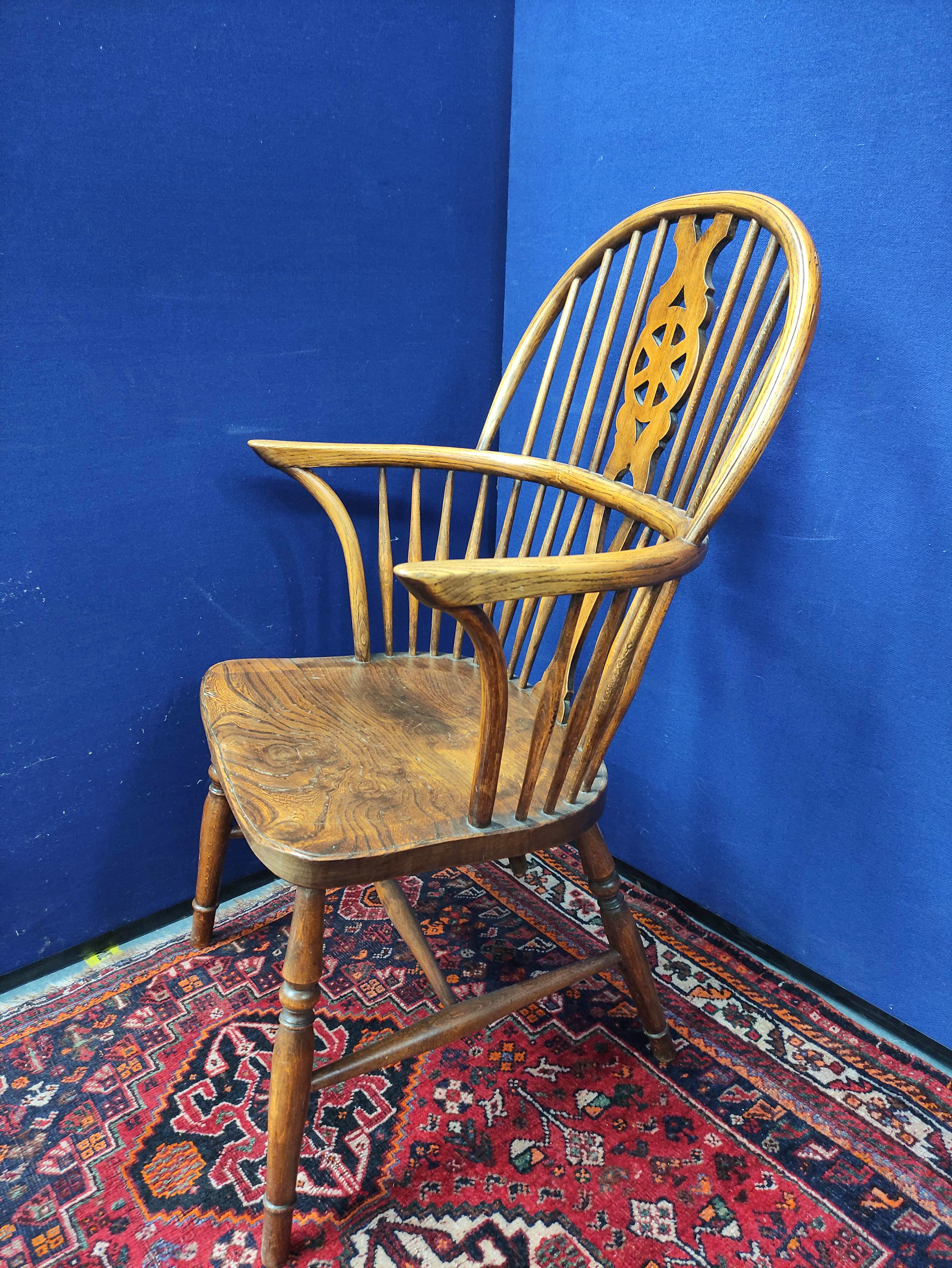 Pair of near matching ash and elm Windsor armchairs, both with spindle hoop back, with pierced splat - Image 2 of 5