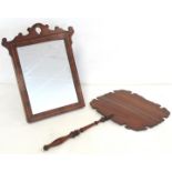 19th century mahogany hand held face screen with fret cut panel on turned knopped handle with bone