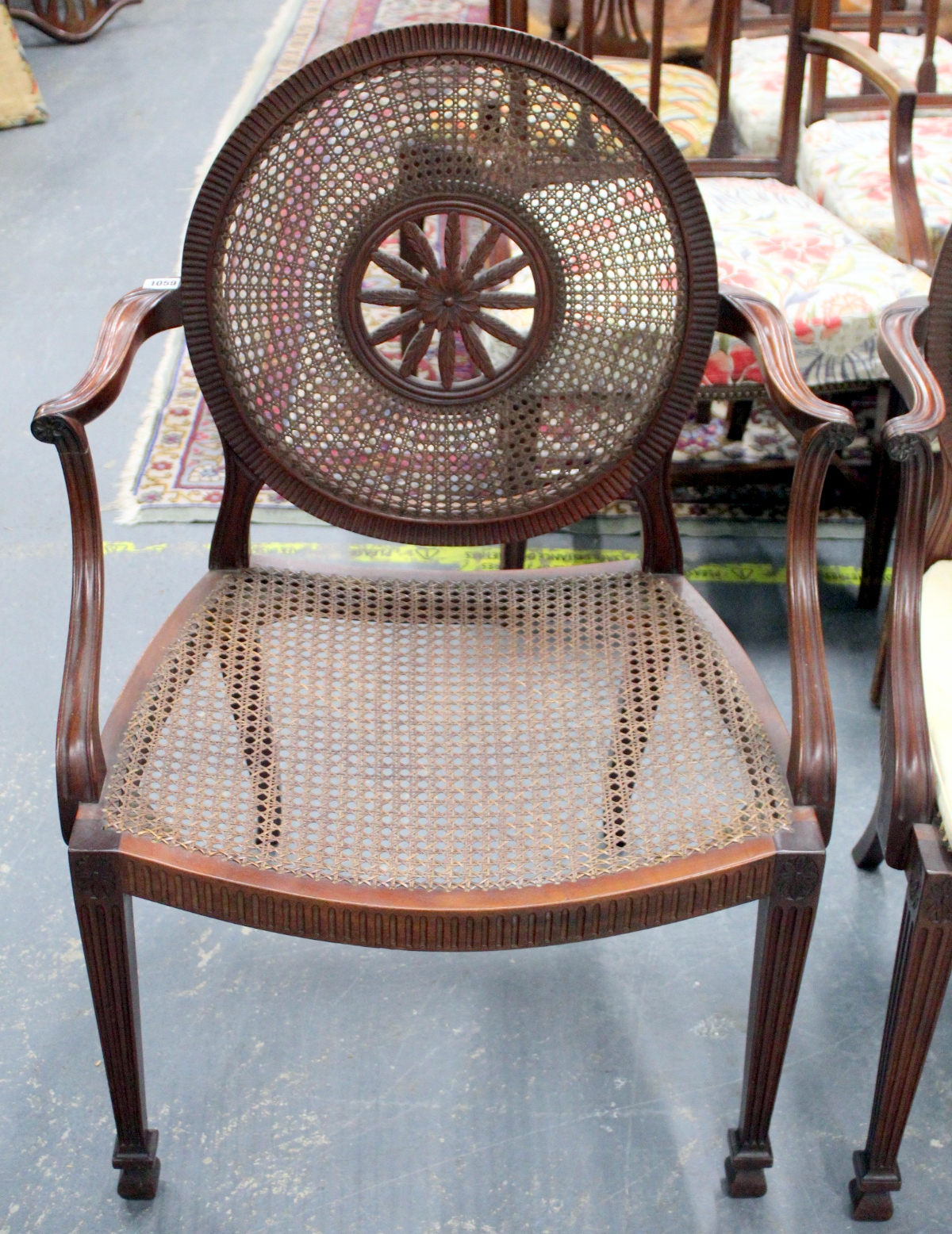 A pair of Sheraton revival mahogany open elbow chairs, the bergere caned circular backs with central - Image 20 of 20