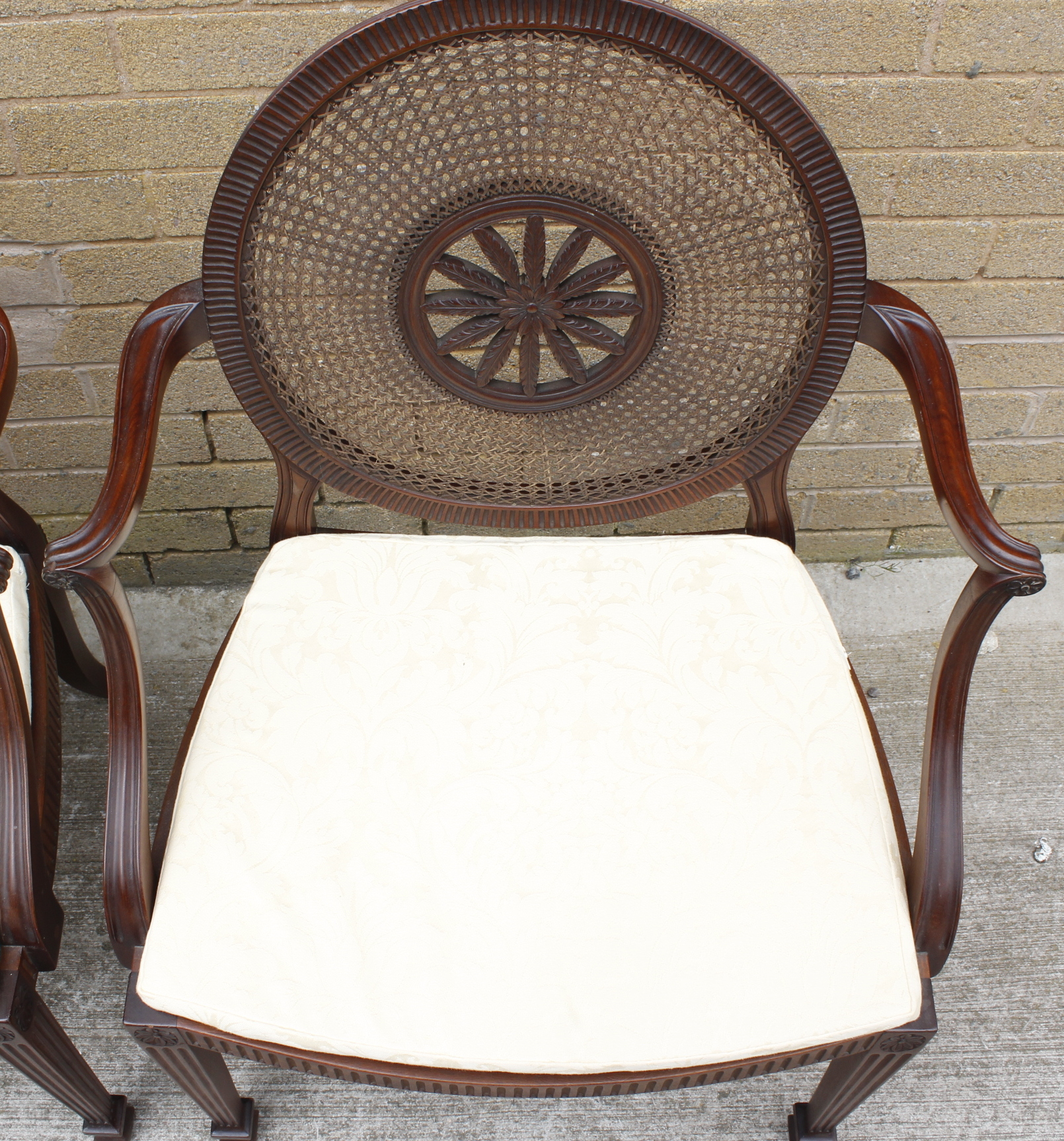 A pair of Sheraton revival mahogany open elbow chairs, the bergere caned circular backs with central - Image 3 of 20