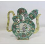 Chinese famille verte wine ewer in the form of the character Fu, with two panels of figures and
