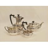 Silver four-piece tea set, oval part fluted, inscribed 'Half Morton 1902', Sheffield 1901. 1464g/