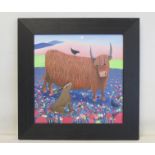 AILSA BLACK (CONTEMPORARY SCOTTISH). Hearty Hare and Heilan'coo. Oil on board. 29.5cm x 29cm.