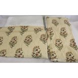 Two pairs of modern lined curtains in cream floral brocade, 122cm wide x 136cm drop and 125cm