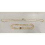 Cultured pearl necklace, opera length adaptable to form a two row on 9ct gold pearl cluster snap.