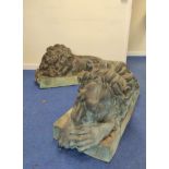 Fine large pair of cast bronze lions, recumbent on rectangular plinth bases, each approx. 114cm long