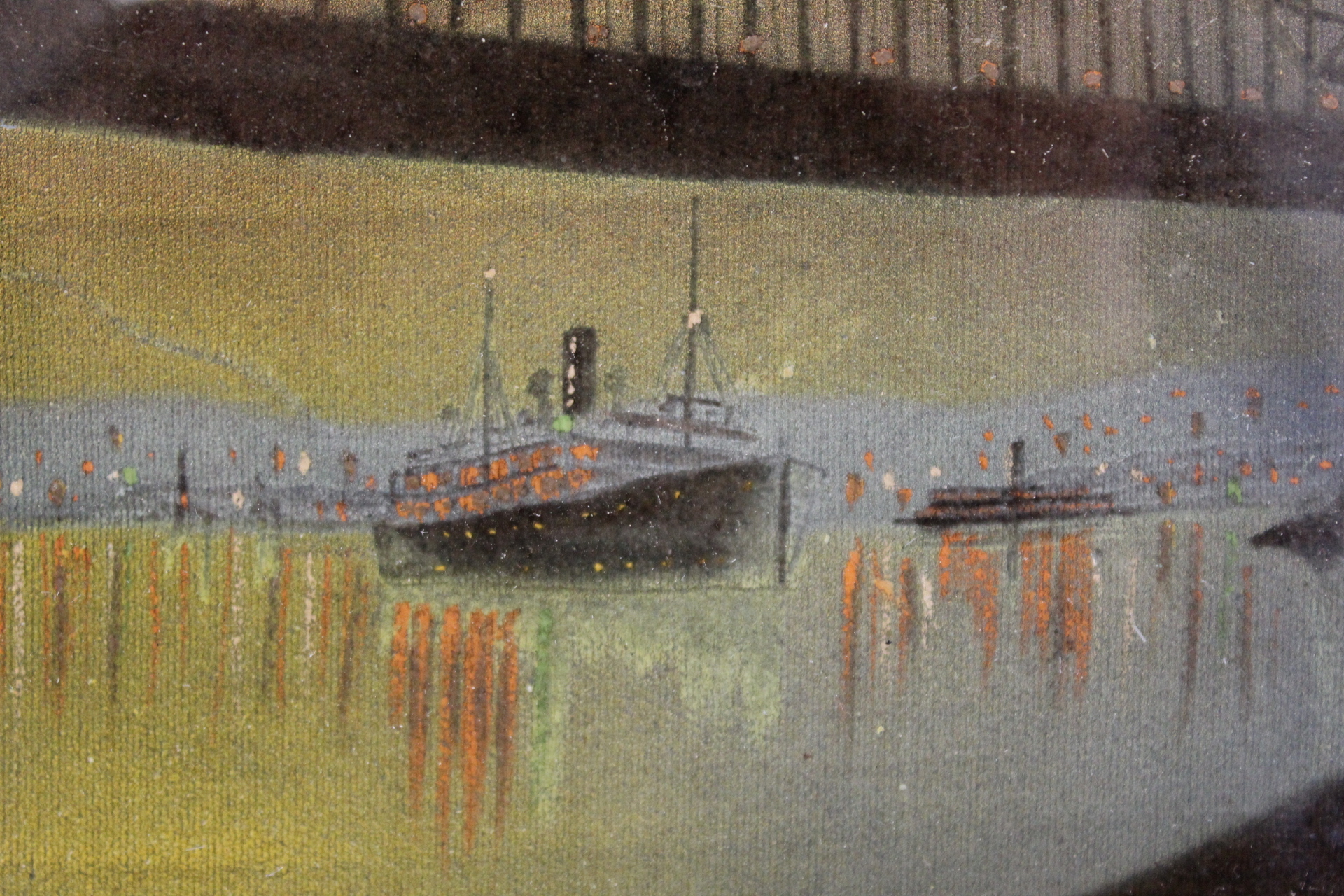 Early 20th century watercolour painting on velvet depicting Sydney Harbour Bridge at dusk, with - Image 3 of 4