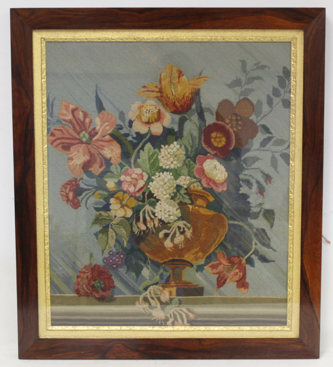 Victorian wool work tapestry picture of a vase of flowers, worked in polychrome, 60cm x 51cm, in - Image 2 of 5