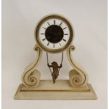 French mantel clock with chaff cutter escapement and cherub on a swing pendulum, in alabaster drum