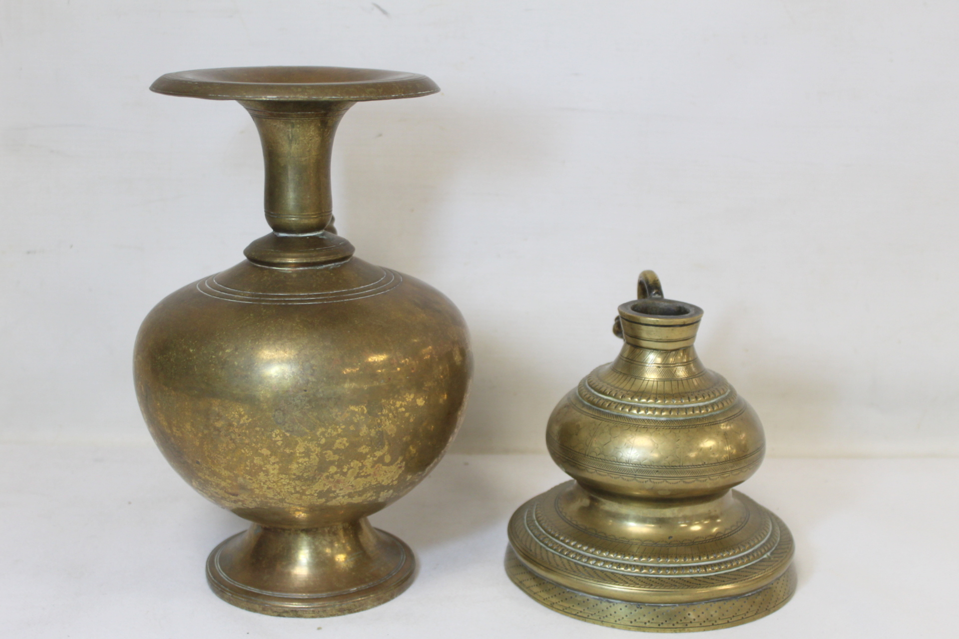 Two Eastern brass hookah bases, one of baluster form with flared rim, twisted conical spout with bud - Image 4 of 6