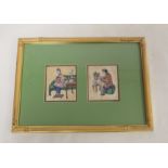 Pair of Chinese pith paper watercolours of girls sewing, each 9.5cm x 7.5cm, framed as one.