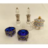 Pair of cut glass scent bottles with silver mounts, a pair of silver salts and a small cup and