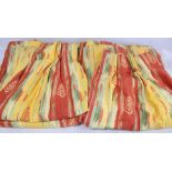 Pair of modern lined curtains with pinched pleat buttoned header in abstract striped red, yellow and