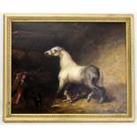 ATTRIBUTED TO SIR EDWIN LANDSEER (1802-1873). Horse in a stable with terriers ratting at foot. Oil