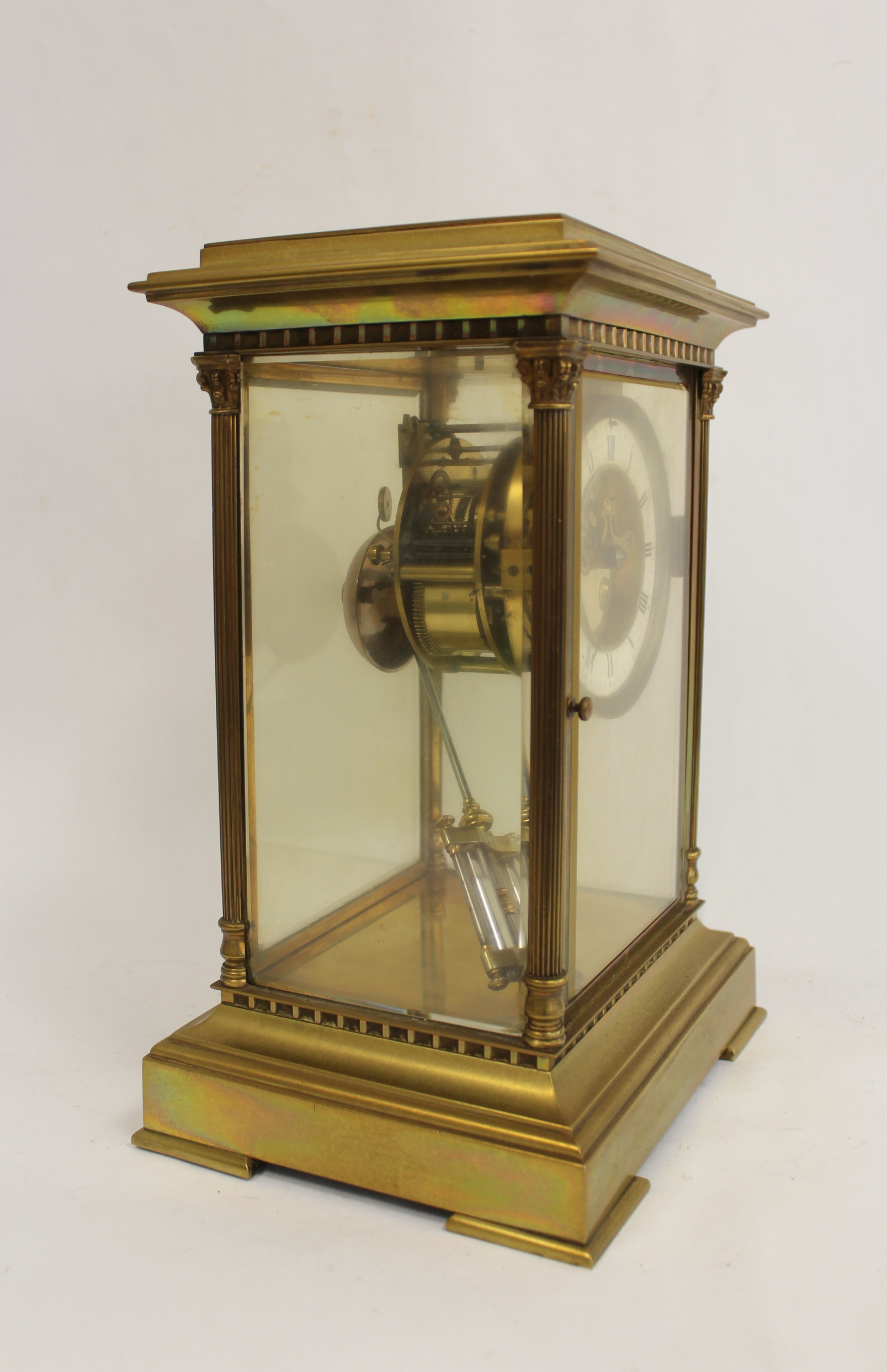 French mantel clock of 'four glass' style with visible escapement, 'mercury' pendulum and fluted - Image 3 of 5