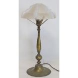 Arts & Crafts brass table lamp with knopped baluster column on domed circular foot, with moulded