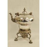 Good Victorian e.p. kettle of 18th century style upon a stand with lamp and scroll and scallop