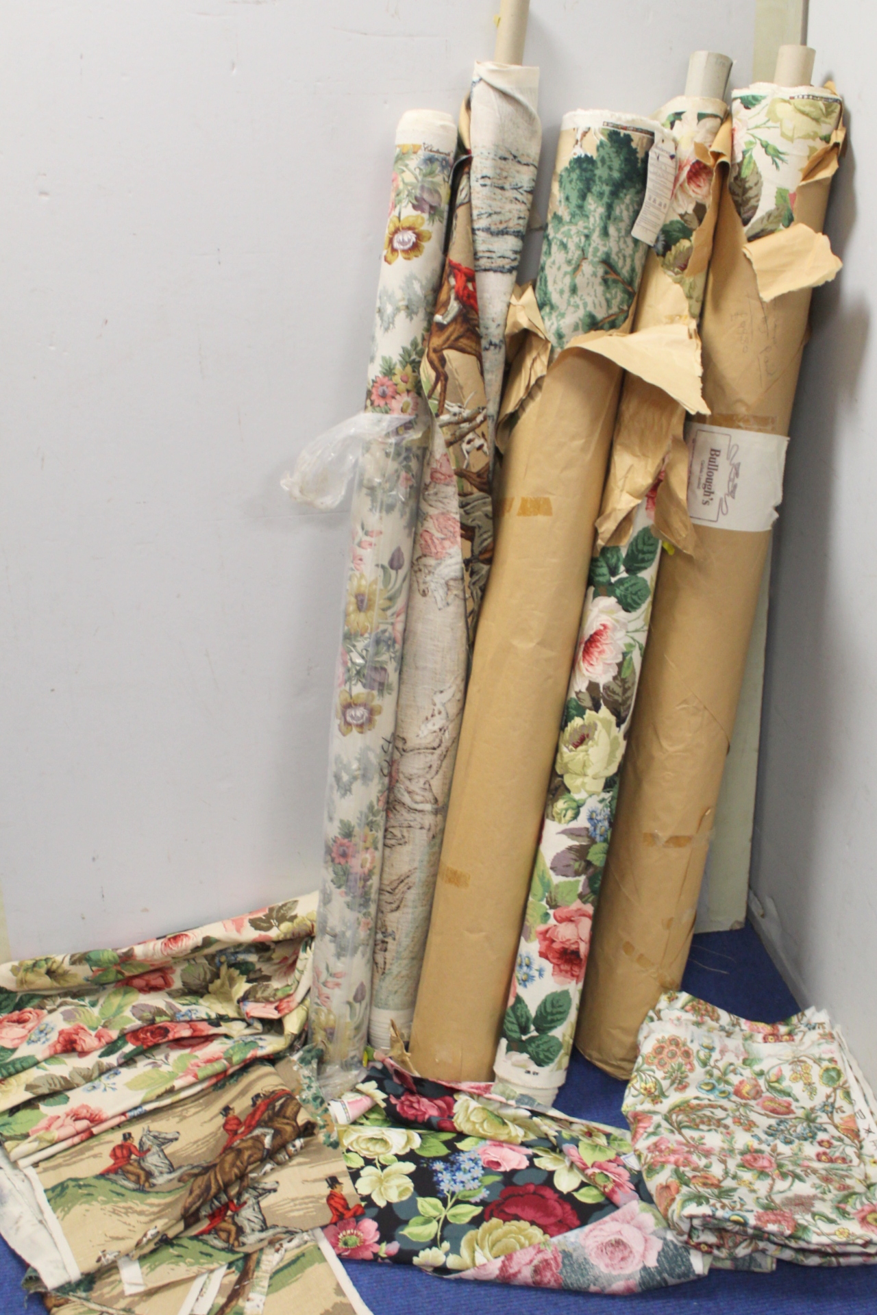 Vintage furnishing textiles: Five rolls of Sanderson printed linen: three with floral decoration
