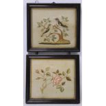 Pair of Georgian silk needlework pictures of birds on a flowering branch and a rose sprig, worked in