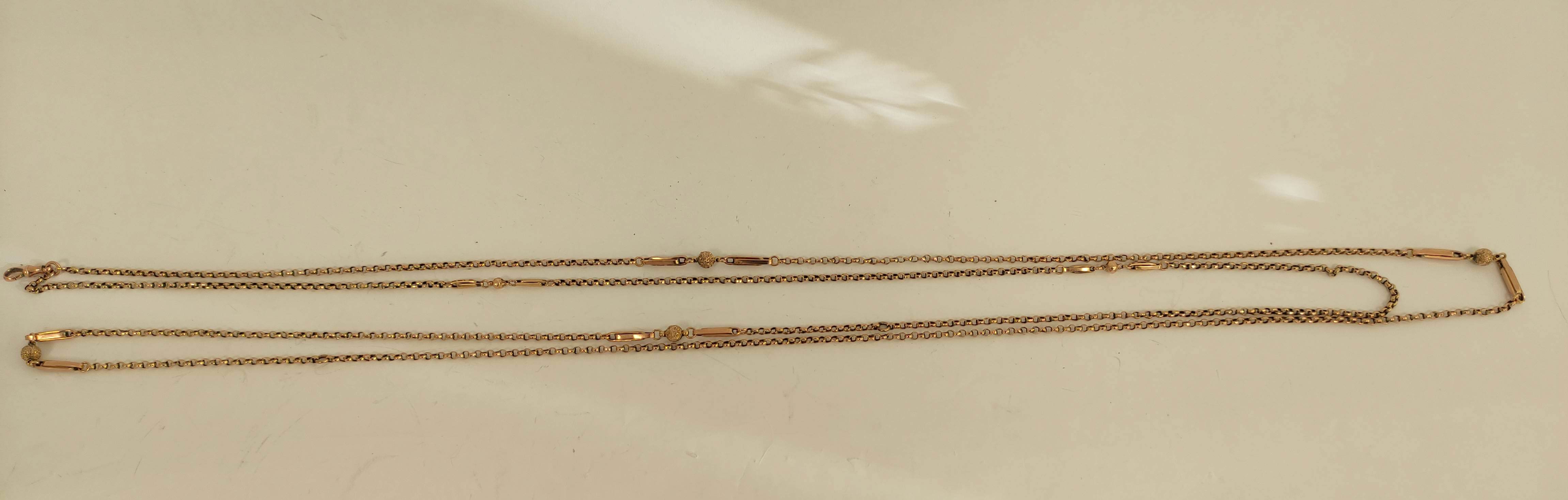 Victorian gold long chain of belcher, fetter and bead pattern. 21g.