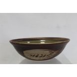 Harry and May Davis Crowan Cornish studio pottery circular bowl with wax resist, brown and celadon