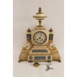 French mantel clock for Marshall, Edinburgh, in alabaster case with blue and gilt panels. 41cm.