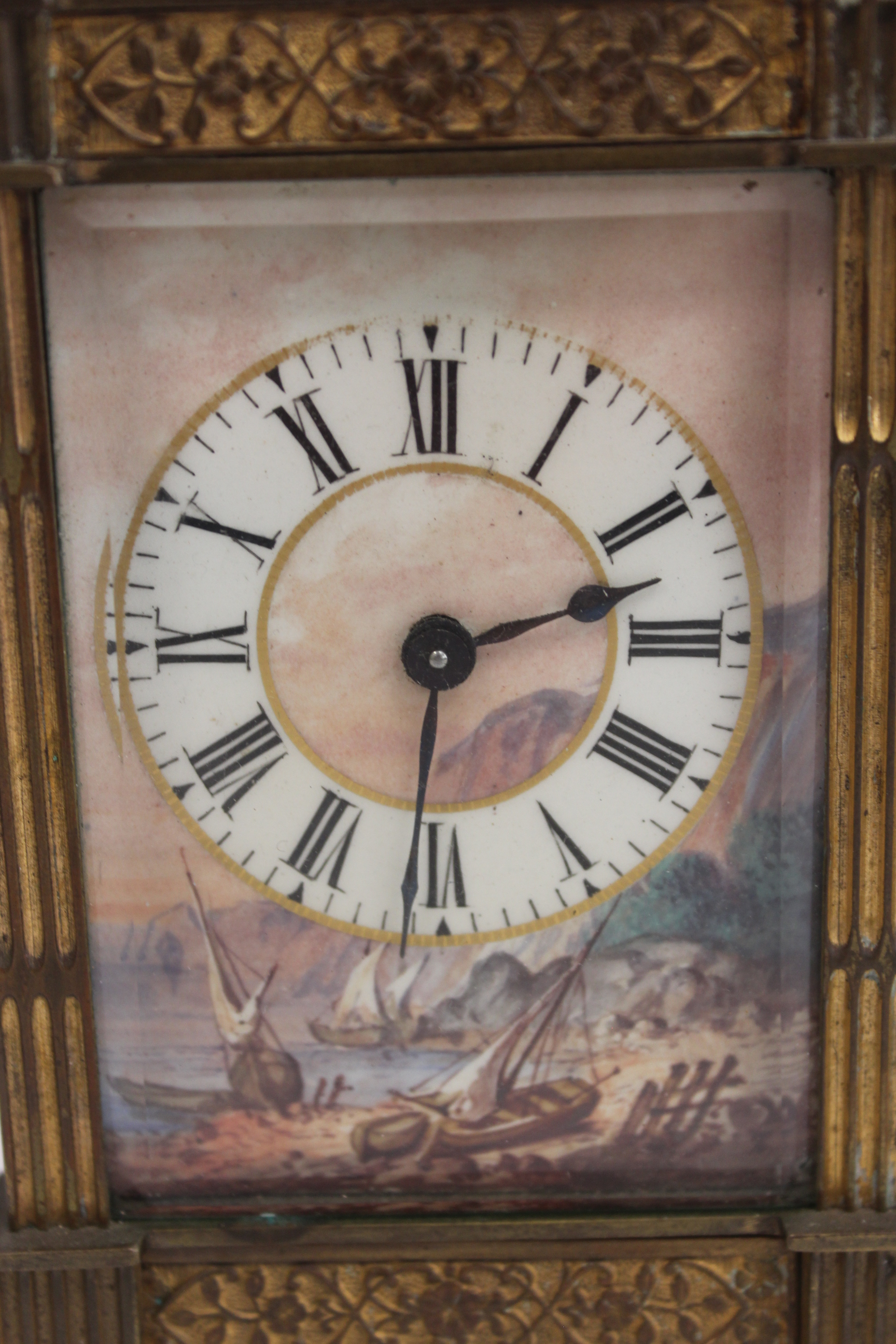 Cylinder carriage timepiece with painted and gilt porcelain dial depicting a coastal scene with - Image 2 of 5