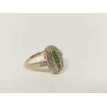 Finger ring with five square emeralds, surrounded by small diamonds, in 9ct gold. Size 'U'.