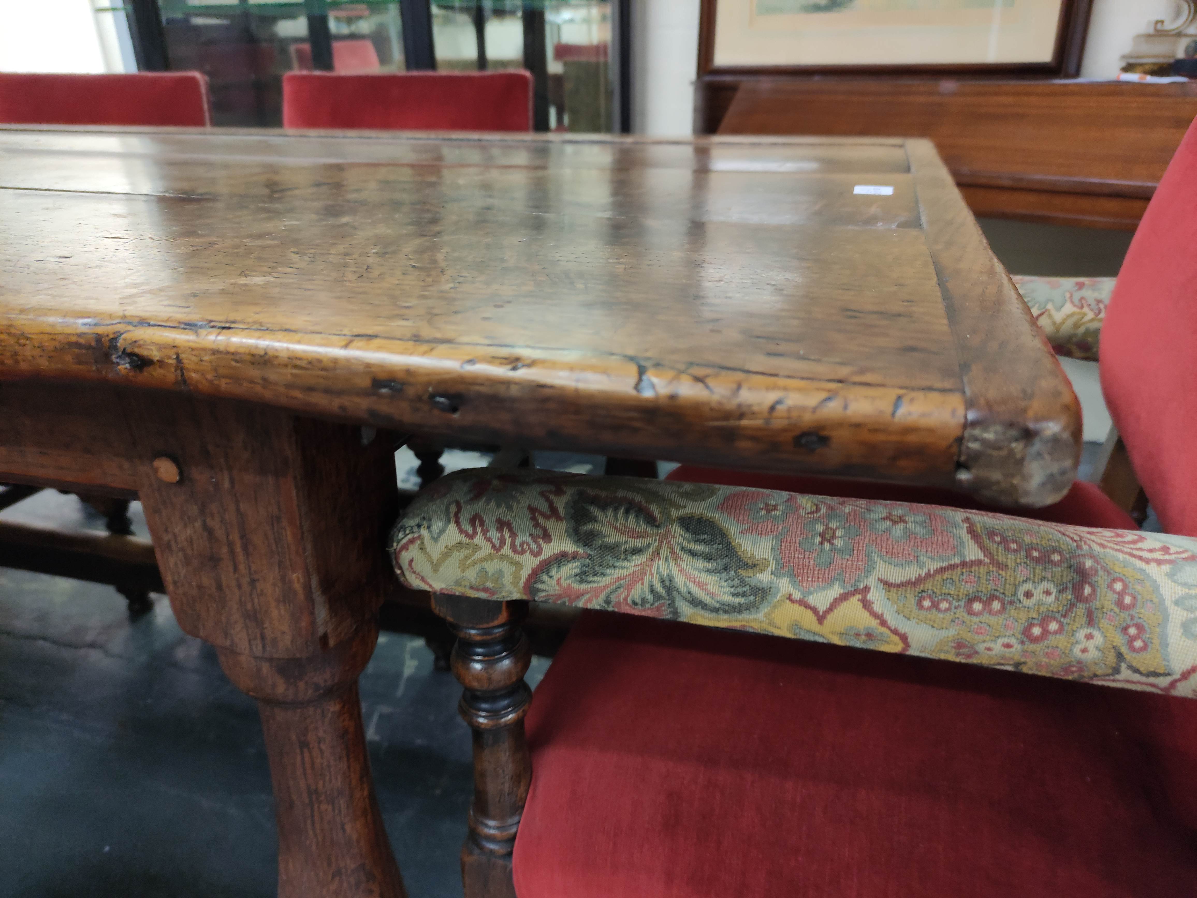 Antique oak and elm refractory dining table with cleated plank top on turned and block supports - Image 9 of 15