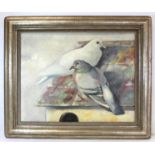 RALSTON GUDGEON (SCOTTISH 1910 - 1984). Two pigeons on a dovecote roof. Oil on panel. 24.5cm x 44cm.