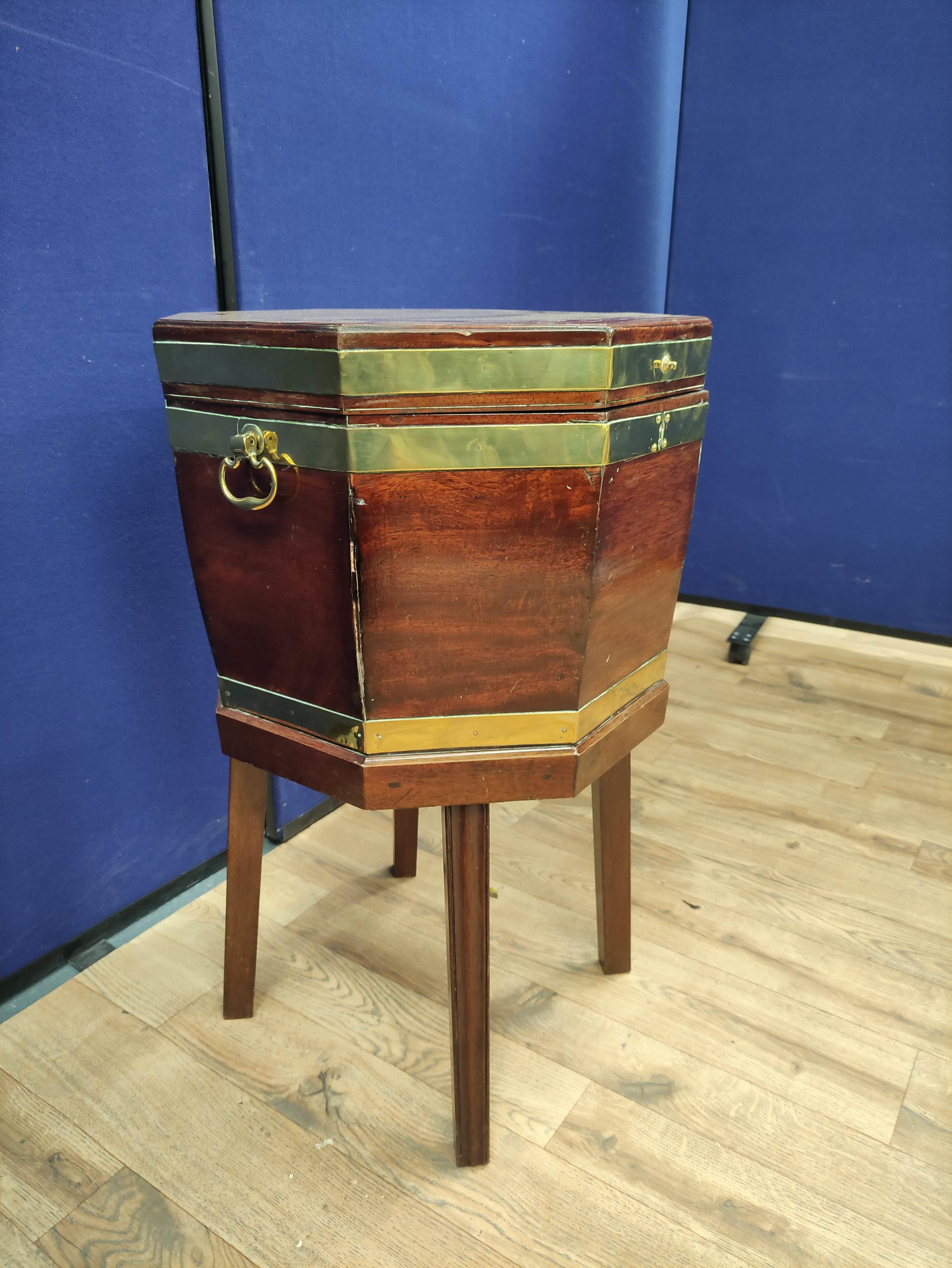 Regency mahogany and brass bound wine cooler circa early 19th century, of octagonal form, lead lined - Image 7 of 7