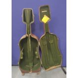 Charles Brugere banded oak cello case, with fitted green felt interior, makers mark inside, 134cm