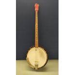 Vintage five string banjo with Remo drum skin head. Missing side tuning peg.