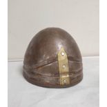 Reproduction prop medieval Norman helmet in all steel construction with riveted brass front piece.