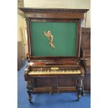 Antique Victorian upright piano by Robert Perkins, Hackney Road London, raised on turned floral