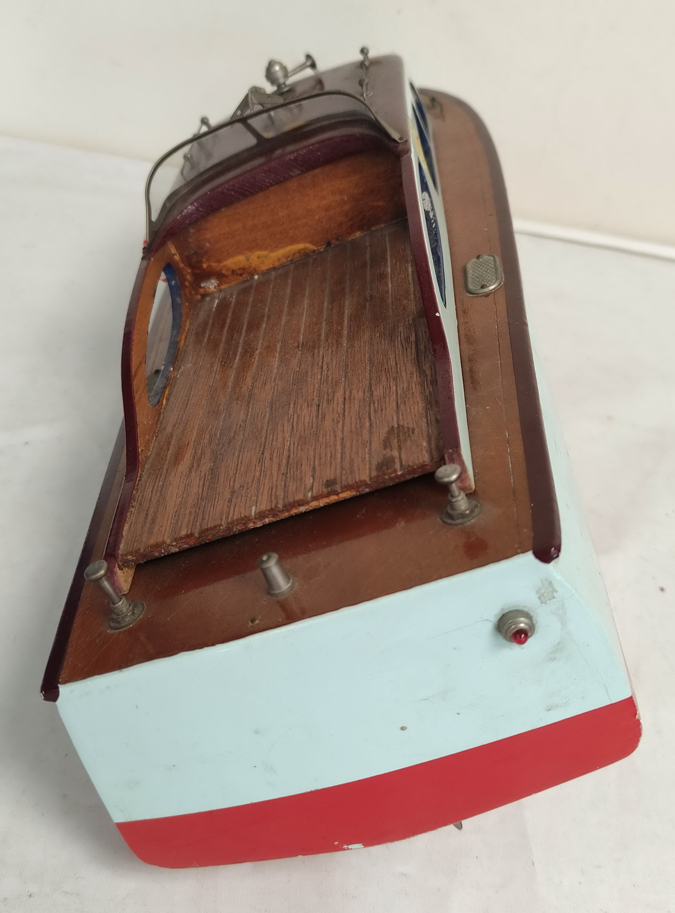 Vintage wooden painted model boat with electric motor. - Image 6 of 6