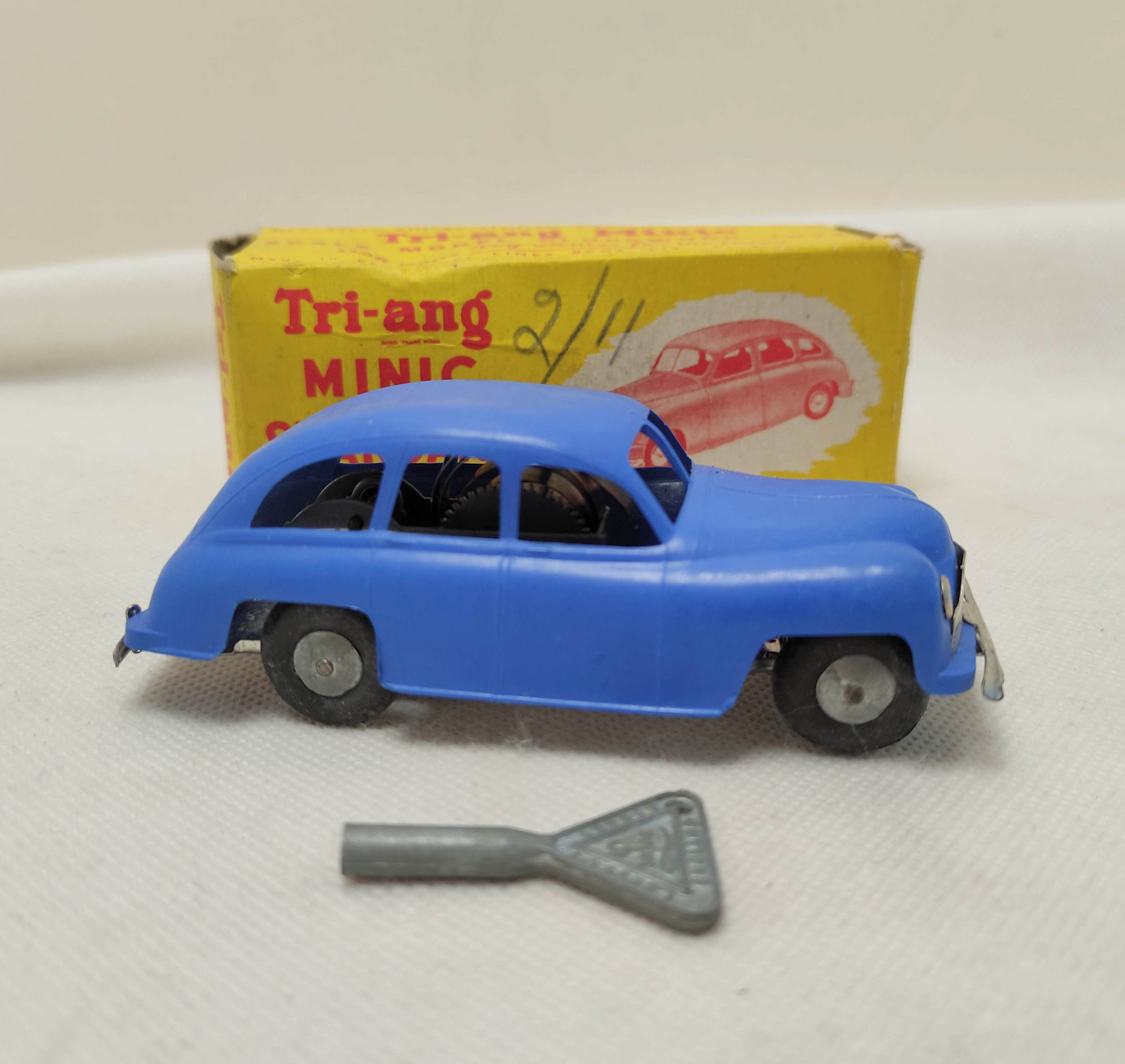 Tri-ang Minic Standard Vanguard clockwork car with blue plastic body. Complete with original box and