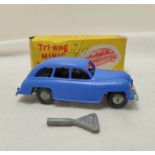 Tri-ang Minic Standard Vanguard clockwork car with blue plastic body. Complete with original box and