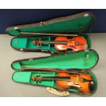 Two vintage Chinese 1/4 size violins, both in fitted hard cases and with bows. (2).