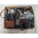 Box of vintage cameras & photographic equipment to include a Praktica PL Nova IB slr camera with a