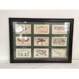 WW1- Set of 9 framed silk embroidered postcards to include christmas greetings and various