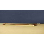 Antique cello bow measuring 72cm in length, with silver wire wrapping, unsigned.