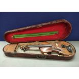 Antique 19th century 4/4 violin in fitted flame maple case. Spruce top and two piece back, 14cm